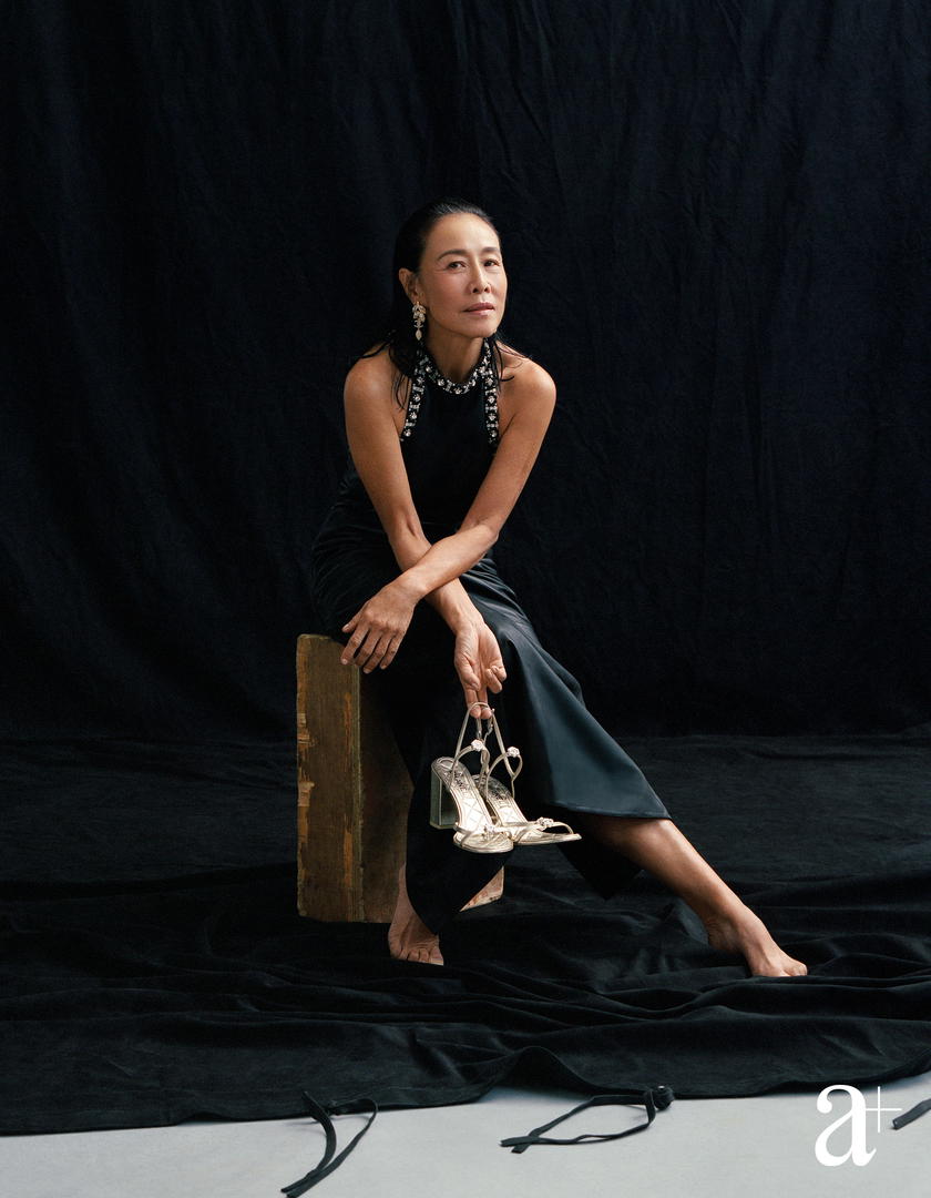 Embellished lambskin dress, metal and strass earrings, and lambskin slingbacks, all from Chanel (Credit: Stefan Khoo. )