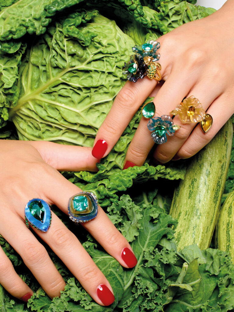 Chan’s Fruit Gems collection features jewels with luscious gemstones synthesised from natural fruits and vegetables (Credit: Anabela Chan)