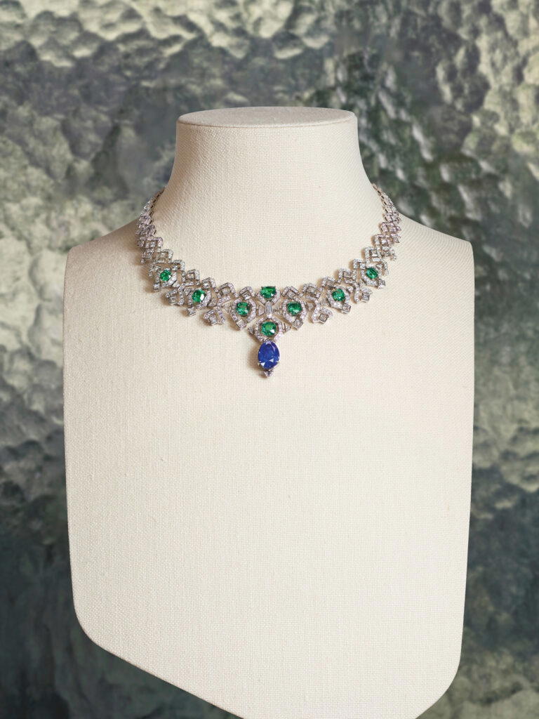 The Byzas necklace, featuring the blue-green colour combination synonymous with the maison for over a century, is set with an 11.7-ct Ceylon sapphire and 8.94ct of Zambian emeralds (Credit: Cartier)