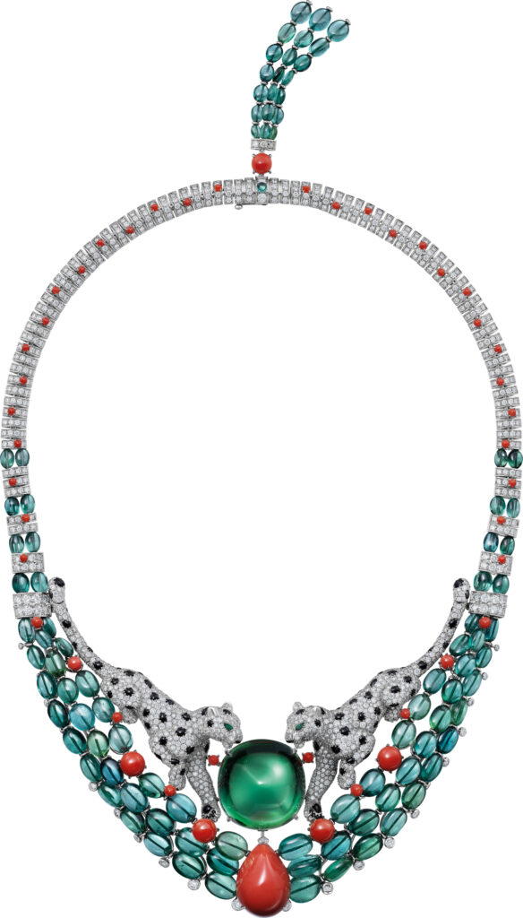 Pantheres Reflexio necklace in white gold with a 74.10-ct tourmaline, coral, diamonds, tourmalines, and onyx (Credit: Cartier)
