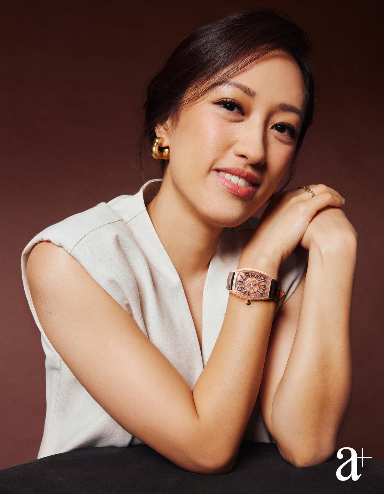 Wee wears the Franck Muller Curvex CX Lady in rose gold with diamonds, from Cortina Watch (Credit: Mun Kong. )