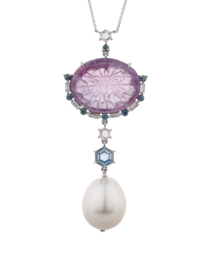 Charm of the Hexagon Necklace in platinum with an early Sasanian amethyst, a Montana sapphire, diamonds, garnets, and a South Sea pearl (Credit: Rebecca Rau)