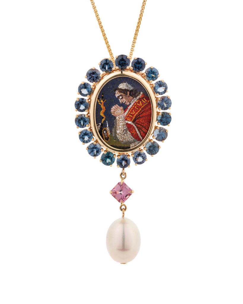The Good Pope Pendant in yellow gold with a 19th-century Italian micromosaic, spinels, a sapphire, and a South Sea pearl (Credit: Rebecca Rau)