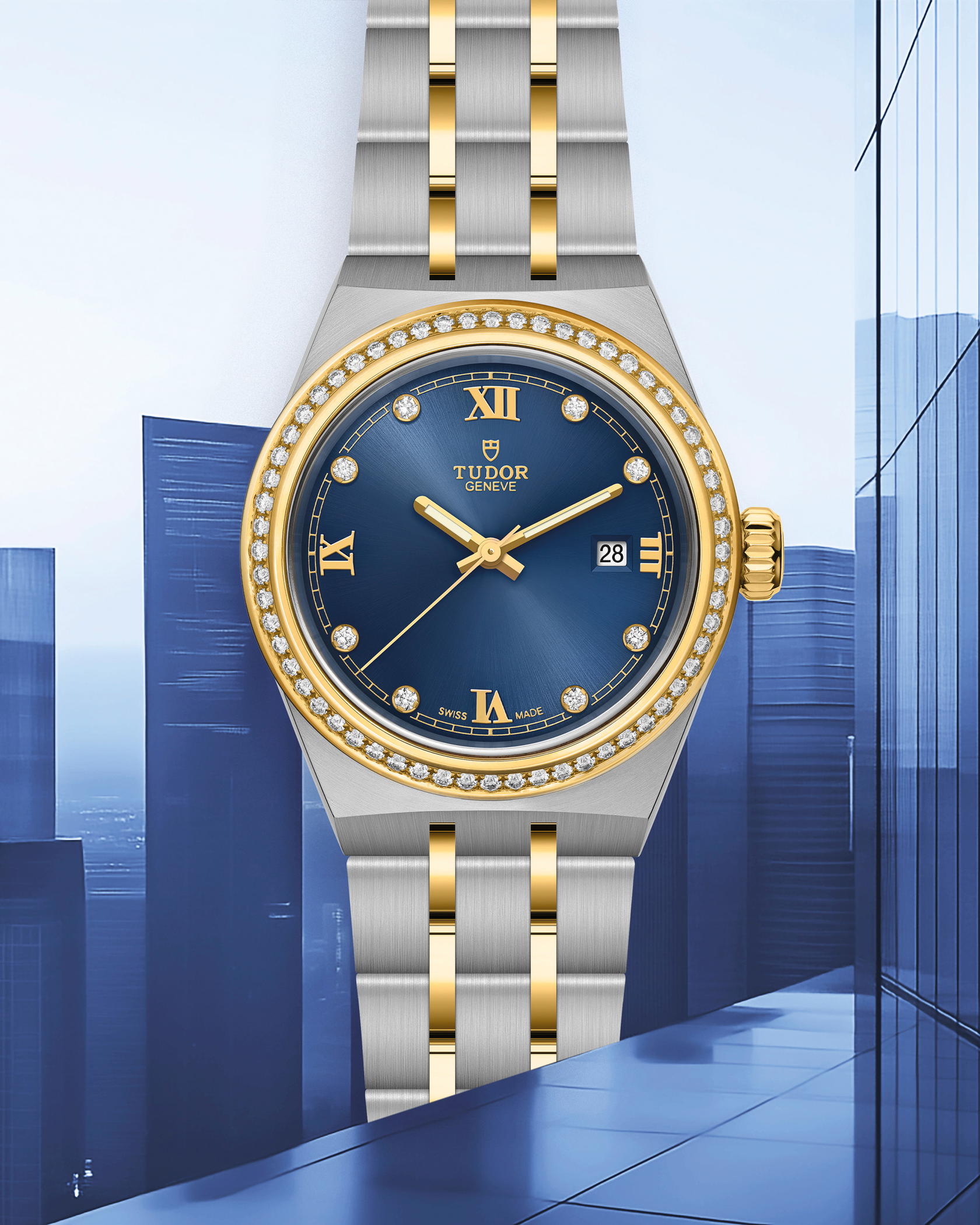 The Tudor Royal, in steel and yellow gold, features a blue dial and diamond-set bezel (Credit: Tudor)