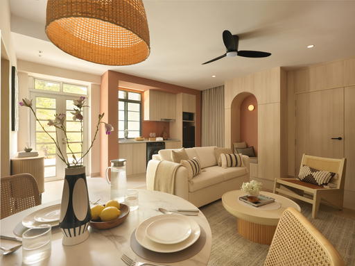 The two-bedroom apartment features a spacious living area (Credit: The Initial Sama)