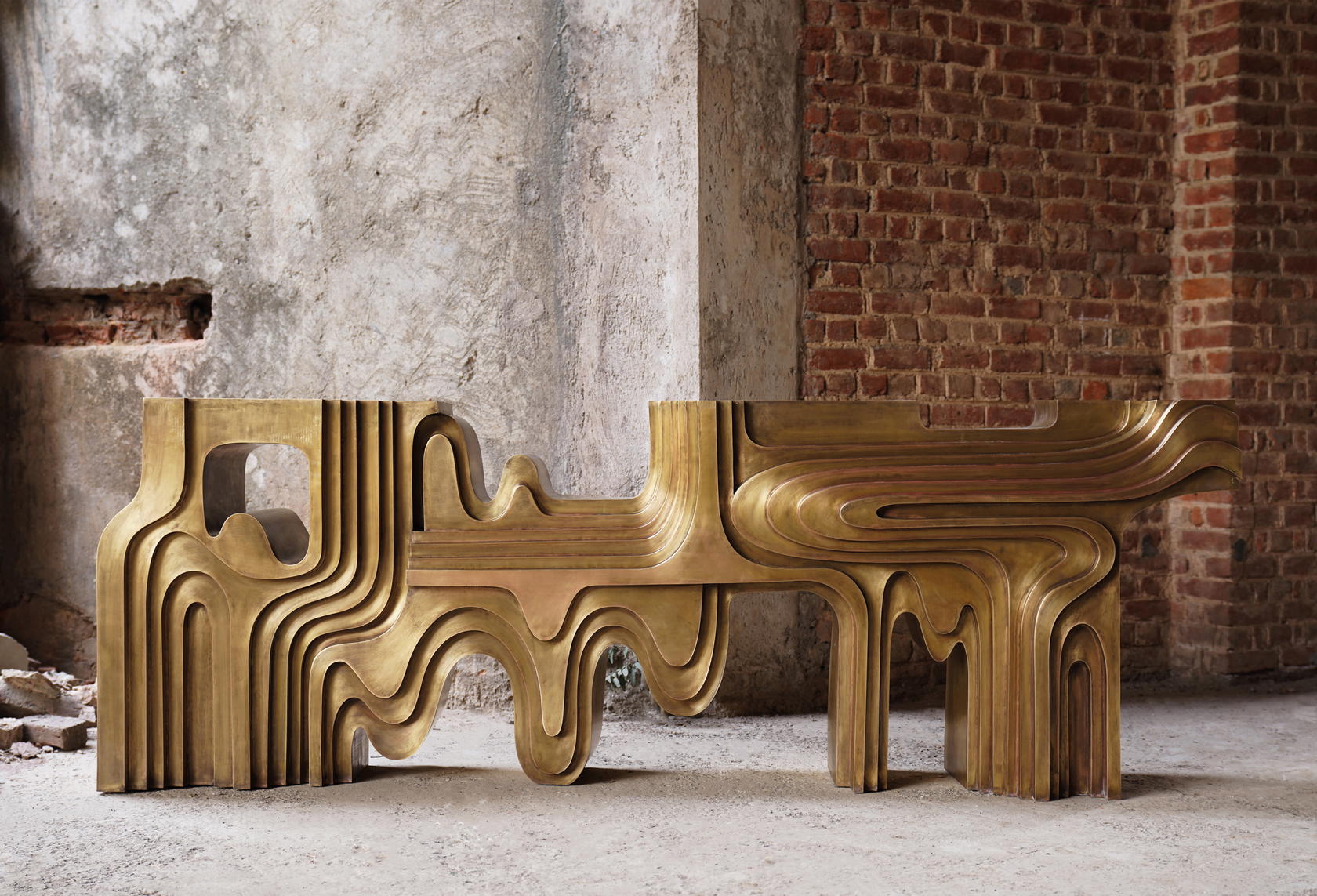 In the El Dorado Console, brass sheets are painstakingly crafted into undulated curves and then cut and welded seamlessly (Credit: Vikram Goyal)