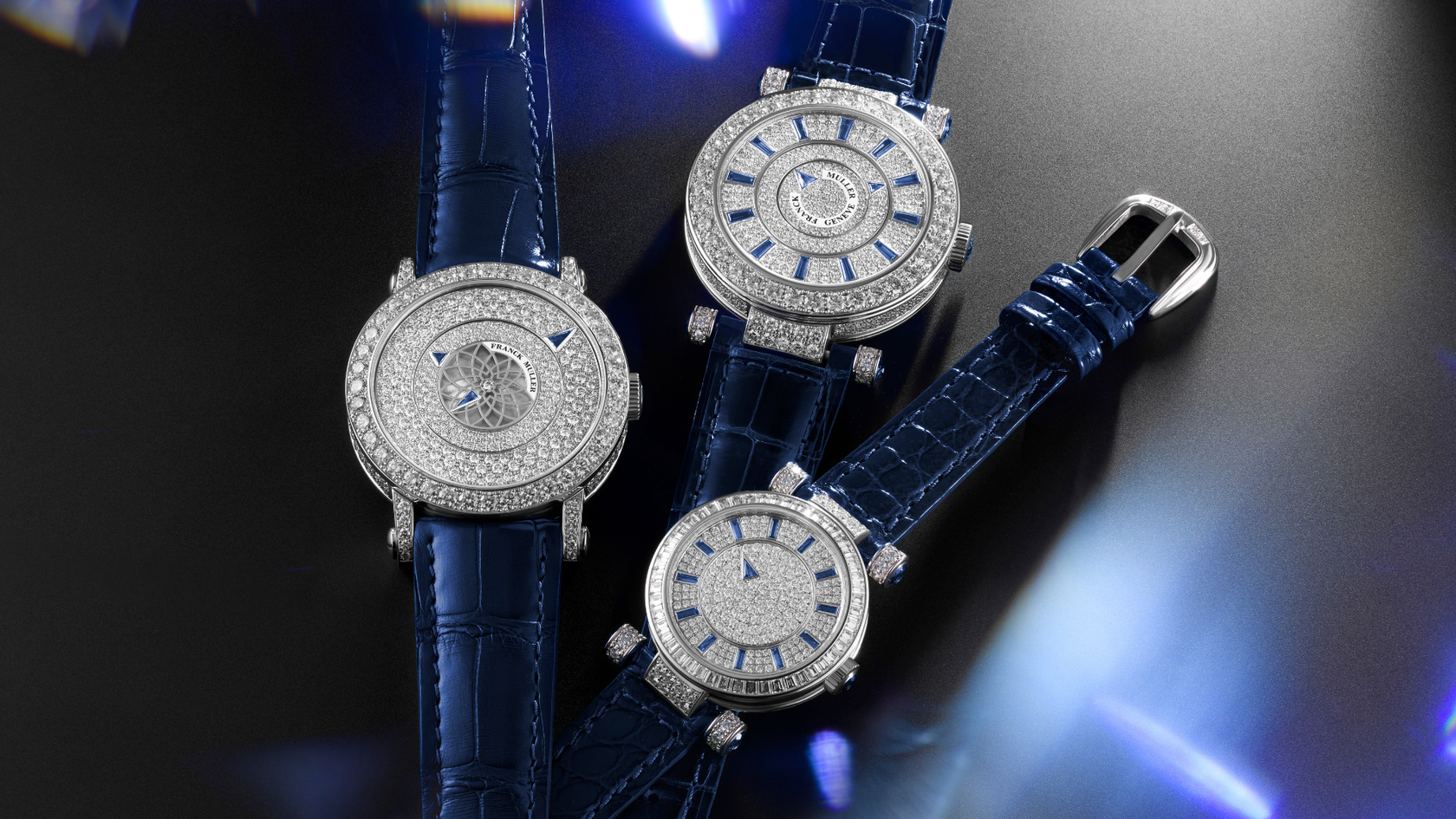 Franck Muller explores the concept of time without hands in three chapters: (from left, clockwise) Round Triple Mystery, Double Mystery, and Mystery (Credit: Franck Muller)