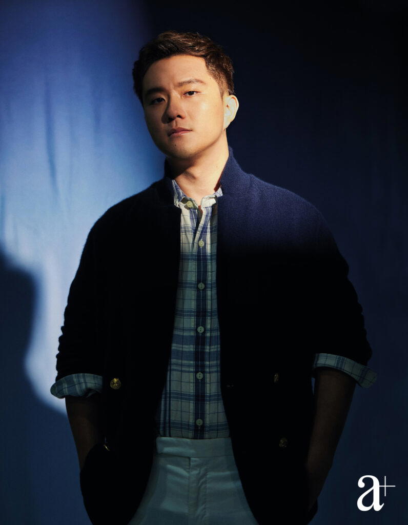 Cotton shirt, wool cardigan, and cotton trousers, all from Polo Ralph Lauren (Credit: Mun Kong)