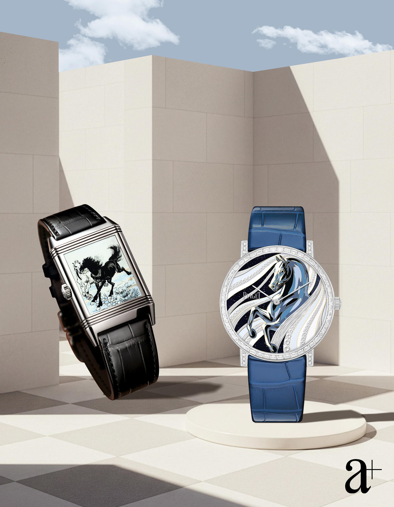 Reverso Tribute Enamel ‘Xu Beihong’ in white gold, from Jaeger-Lecoultre; Altiplano Zodiac Horse Edition in white gold with diamonds, from Piaget