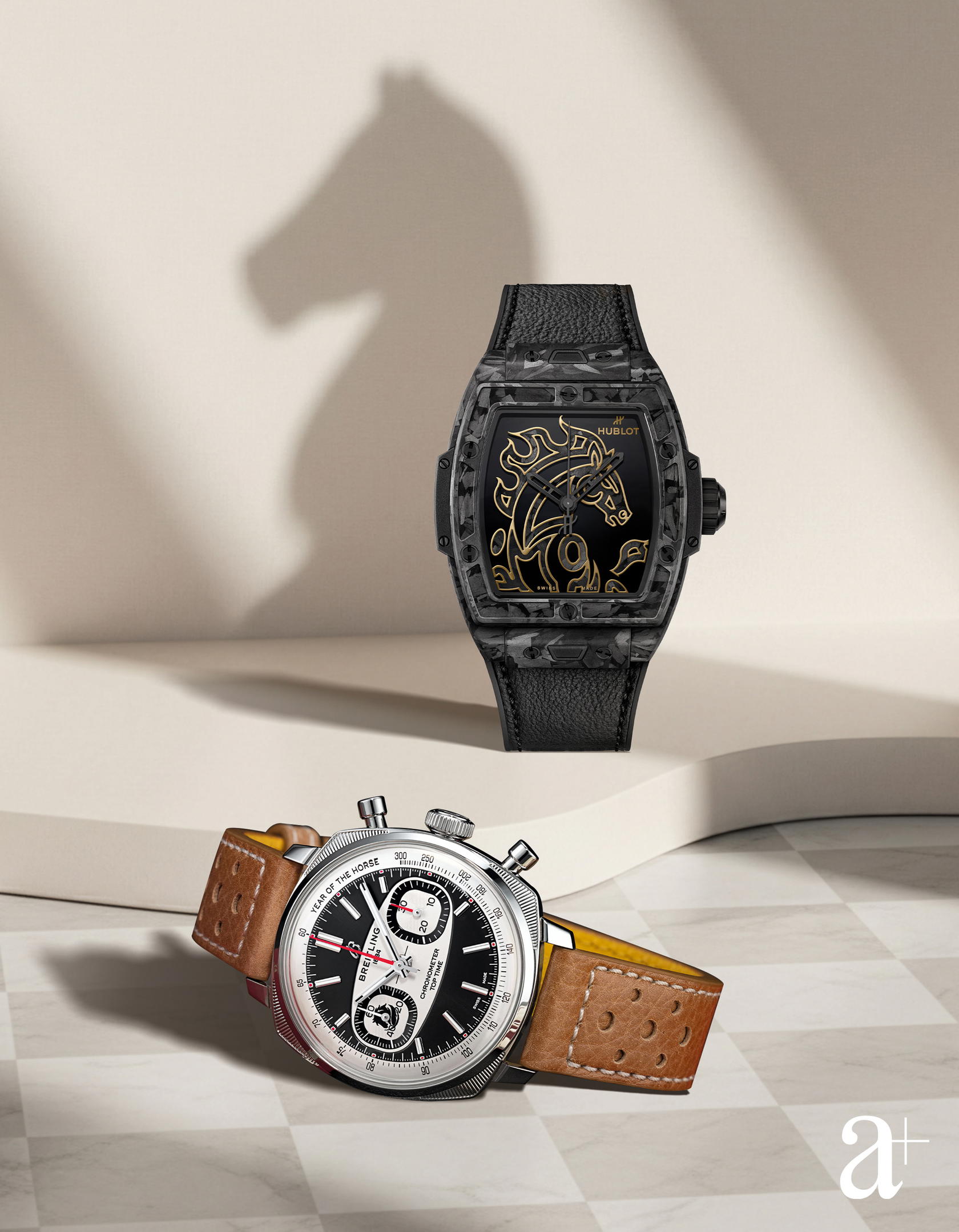 Top Time B01 Shadow Rider in steel, from Breitling;&nbsp; Spirit of Big Bang Year of the Horse in carbon, from Hublot