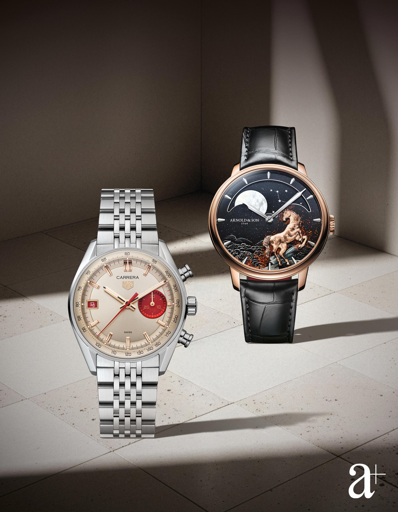 Carrera Chronograph Year of the Horse in steel, from Tag Heuer; Perpetual Moon 41.5 Red Gold “Year of the Horse”, from Arnold & Son