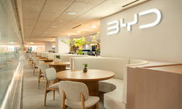 Stone surfaces, light wood finishes, woven accents, and greenery soften the look of the space