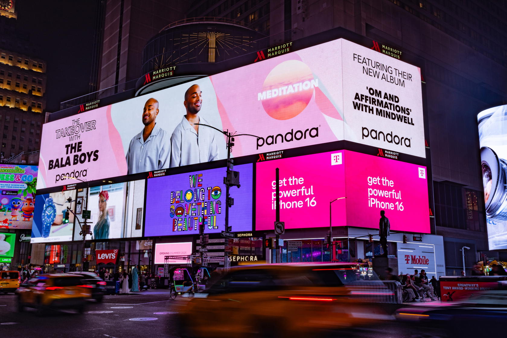 Their wellness album, Om And Affirmations, on Pandora led to this Times Square billboard feature (Credit: The Bala Boys)