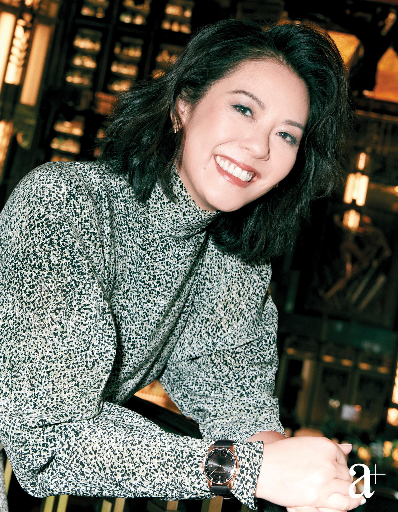 Code 11.59 by Audemars Piguet Selfwinding in pink gold from Audemars Piguet. Silk dress from Ferragamo (Credit: Joel Low. )