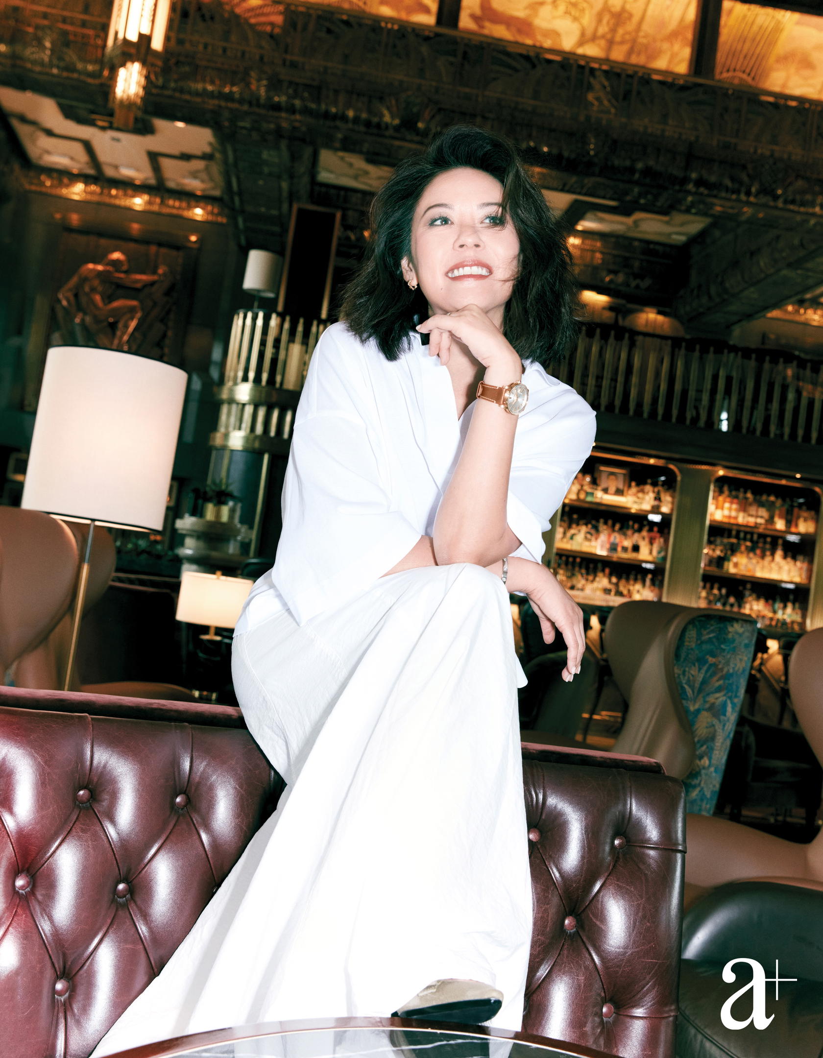 Code 11.59 by Audemars Piguet Selfwinding in pink gold from Audemars Piguet. Cotton polo shirt and skirt from Brunello Cucinelli (Credit: Joel Low)