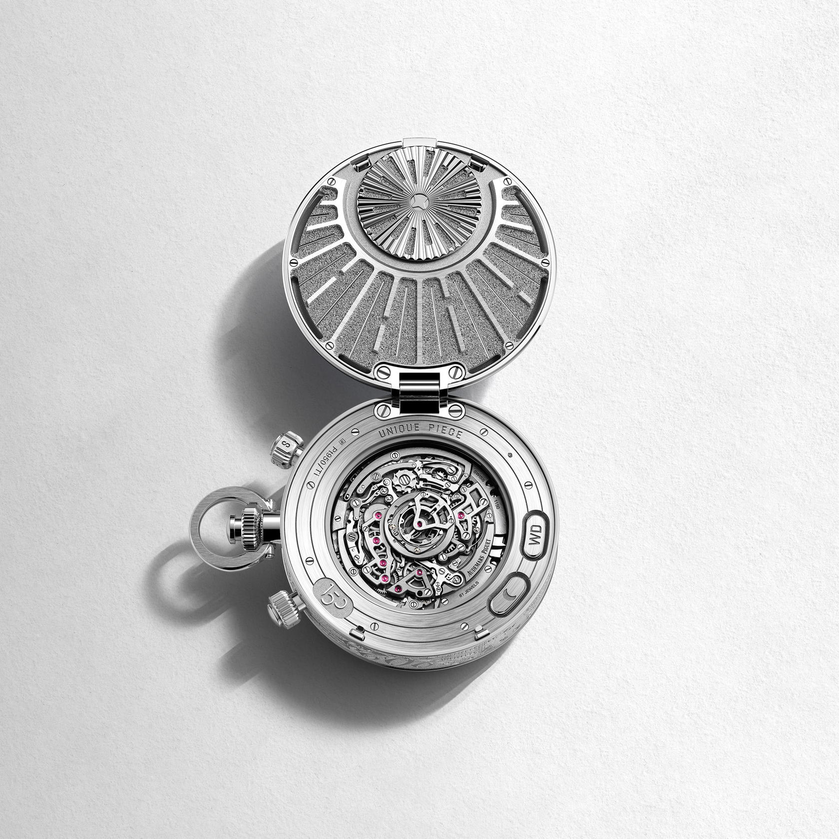 The caseback opens to reveal the Supersonnerie sapphire soundboard and the intricate architecture of calibre 1150 beneath (Credit: Audemars Piguet)