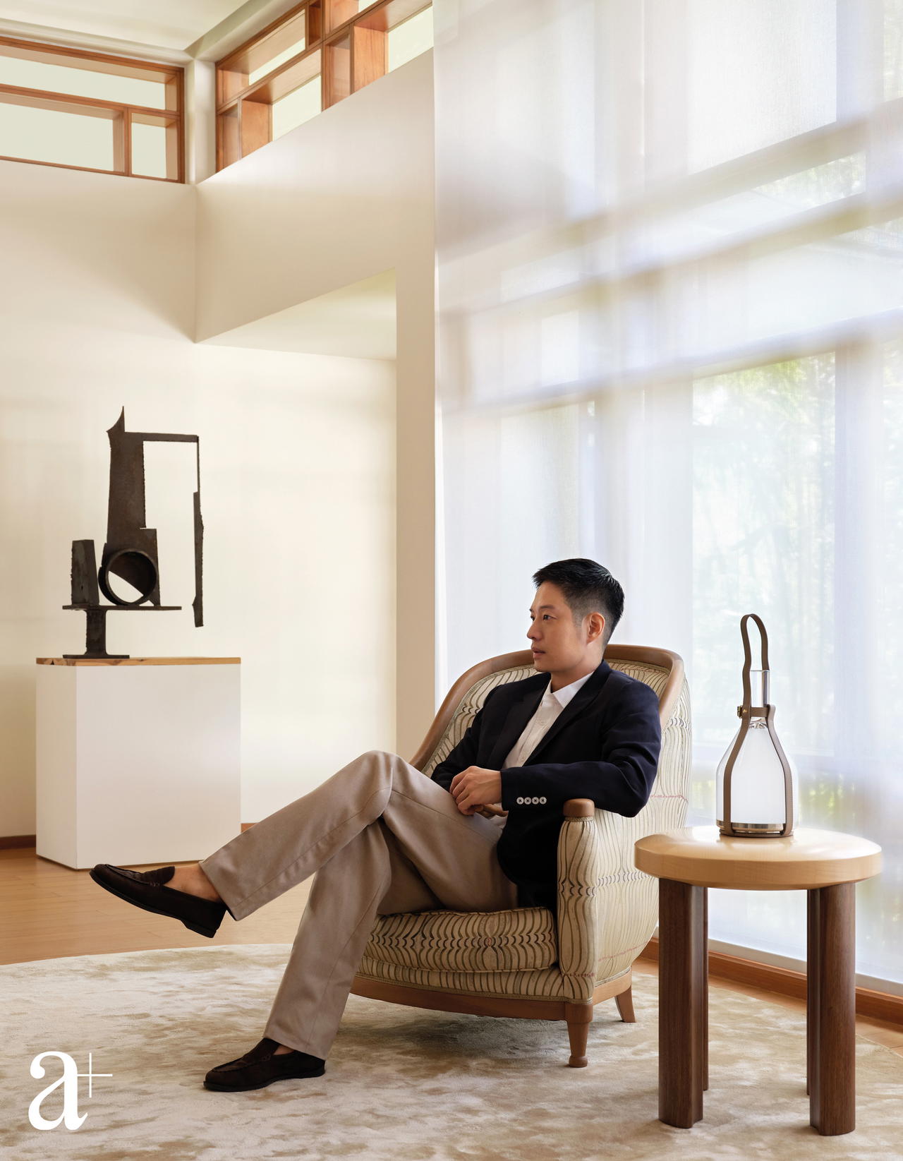 Cotton shirt, wool blazer and trousers, and glass lamp, all from Louis Vuitton (Credit: Wee Khim)