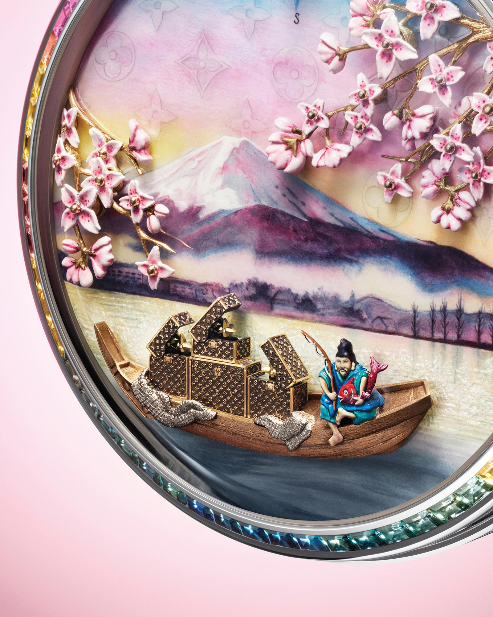 On the dial of the Escale au Mont Fuji, everything moves, from the fishing boat to cherry blossoms and the trunks that open and close (Credit: Louis Vuitton)