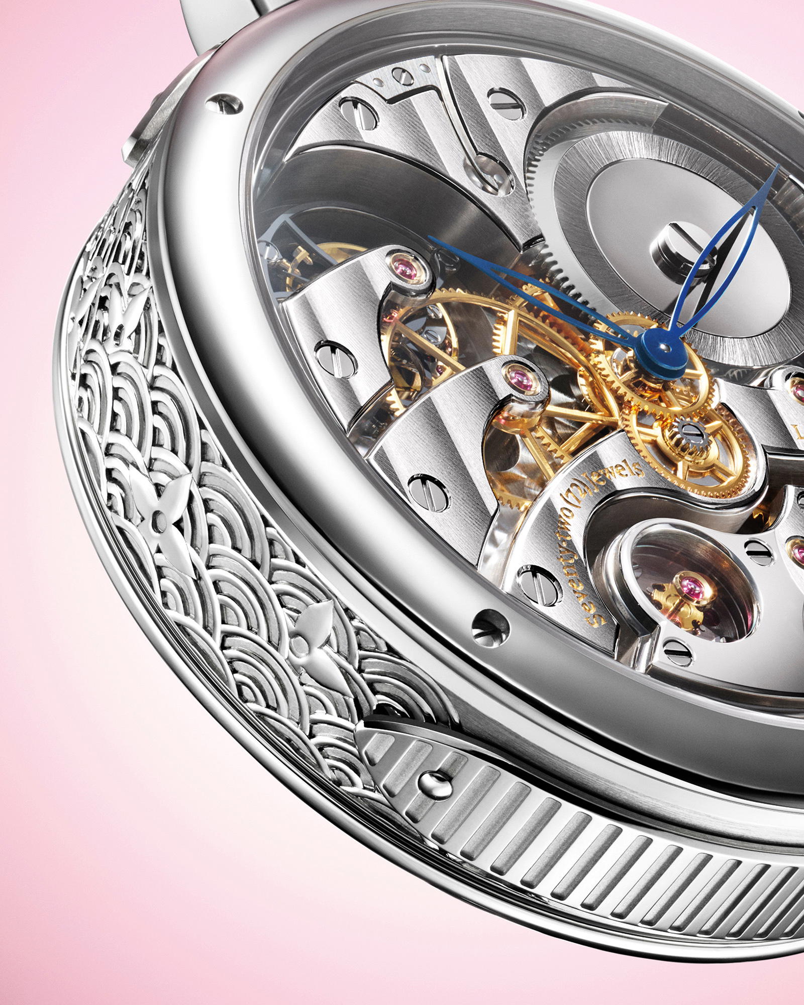 Hand-engraved Seigaiha waves on the case hide Monogram flowers by a master engraver, a detail only visible up close (Credit: Louis Vuitton)