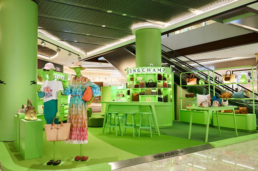 At the pop-up, a luminous light green symbolising optimistic energy is paired with a deeper heritage green that conveys natural elegance (Credit: Longchamp)