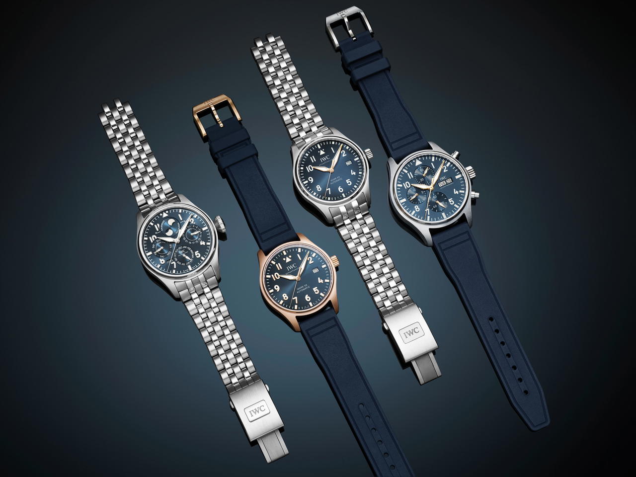 (From left) Big Pilot’s Watch Perpetual Calendar ProSet Le Petit Prince in stainless steel, Pilot’s Watch Mark XX Le Petit Prince in 5N gold, Pilot’s Watch Mark XX Le Petit Prince in stainless steel, and Pilot’s Watch Chronograph Le Petit Prince in stainless steel (Credit: IWC Schaffhausen )