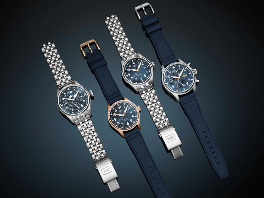 (From left) Big Pilot’s Watch Perpetual Calendar ProSet Le Petit Prince in stainless steel, Pilot’s Watch Mark XX Le Petit Prince in 5N gold, Pilot’s Watch Mark XX Le Petit Prince in stainless steel, and Pilot’s Watch Chronograph Le Petit Prince in stainless steel (Credit: IWC Schaffhausen )