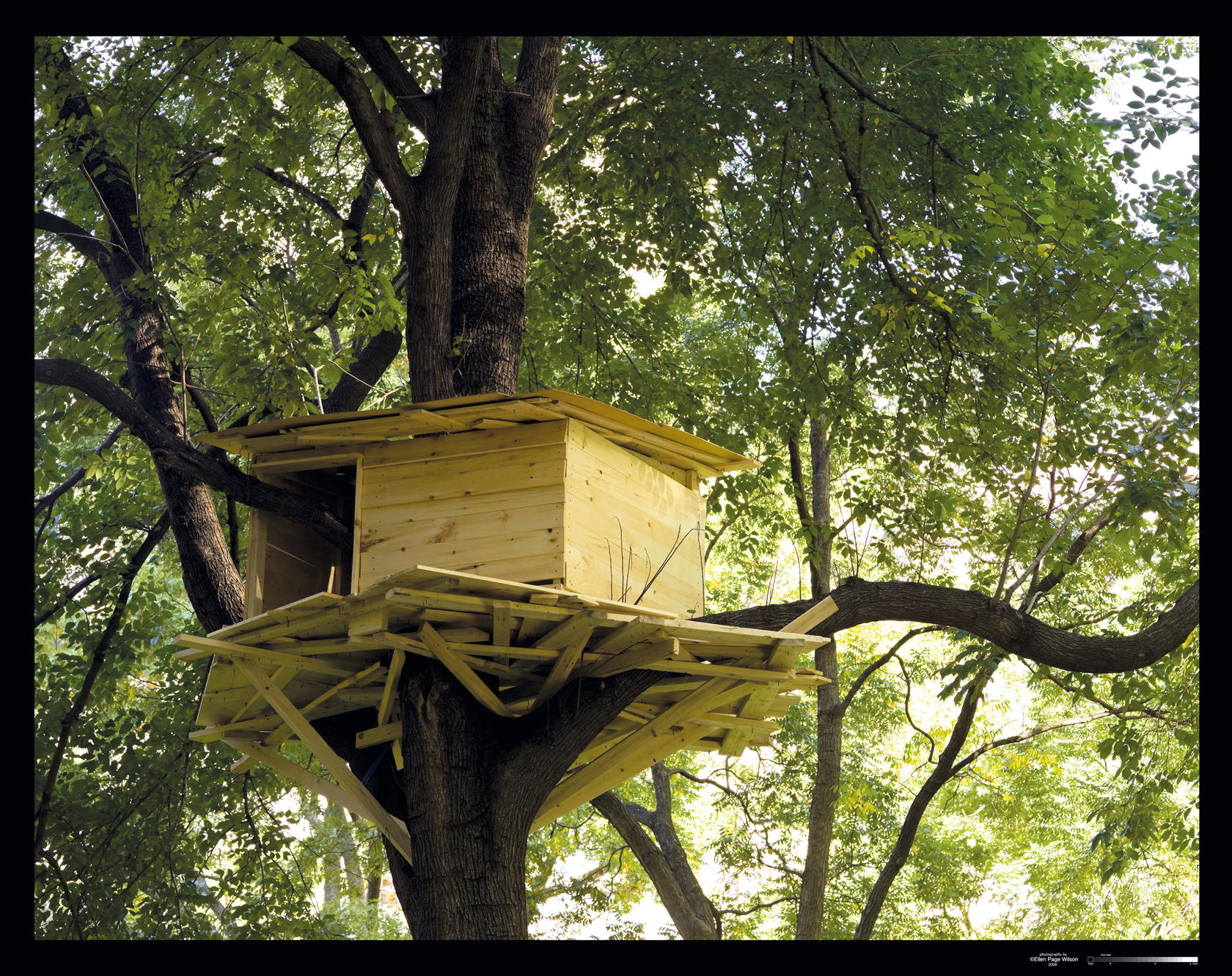 In 2008, Kawamata’s ‘Tree Huts’ in Madison Square Park, New York, consisted of 12 huts constructed entirely on site (Credit: Tadashi Kawamata)