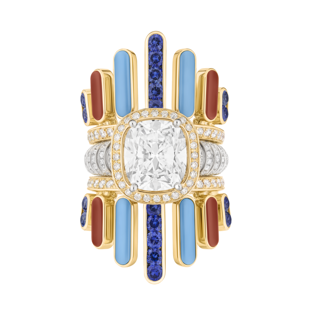 Symbole emblématique ring in yellow and white gold, and platinum, with diamonds, sapphires, turquoise and carnelian