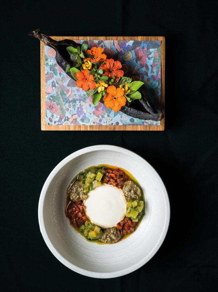 Boronia En Texturas (fried ripe banana with mani cream and ajonjoli, chestnut whey, eggplant machucao, roasted pepper, achucao and apple salad with herbs)… (Credit: Celele)