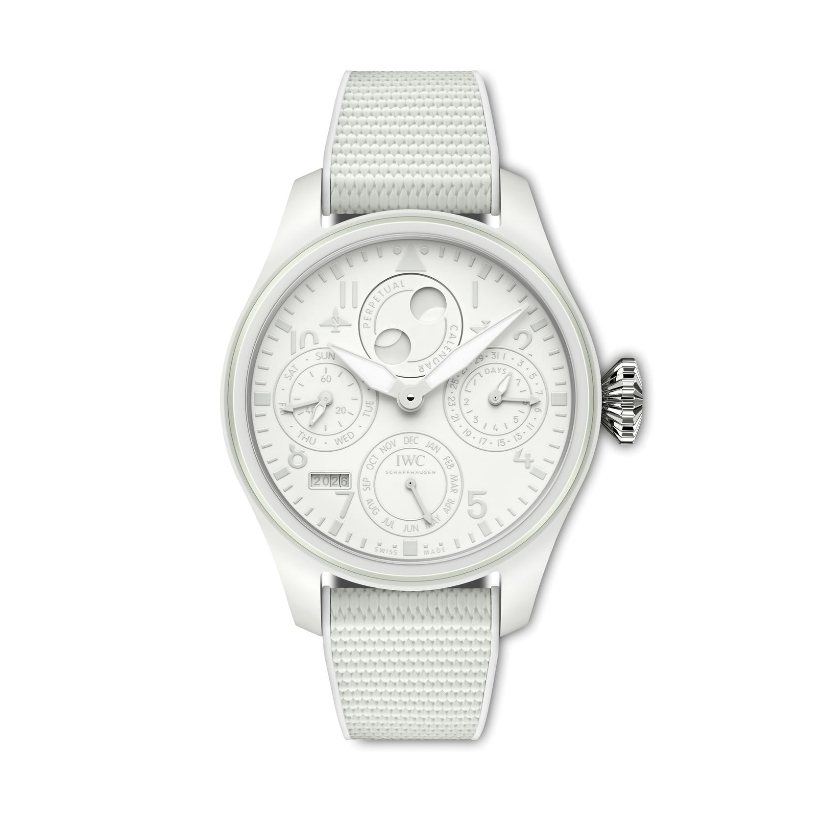IWC Big Pilot’s Watch Perpetual Calendar Ceralume has a 46.5-mm case in luminous white ceramic (Credit: IWC)
