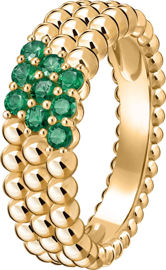 Perlée couleurs three-row ring in yellow gold with emeralds (Credit: Van Cleef & Arpels)