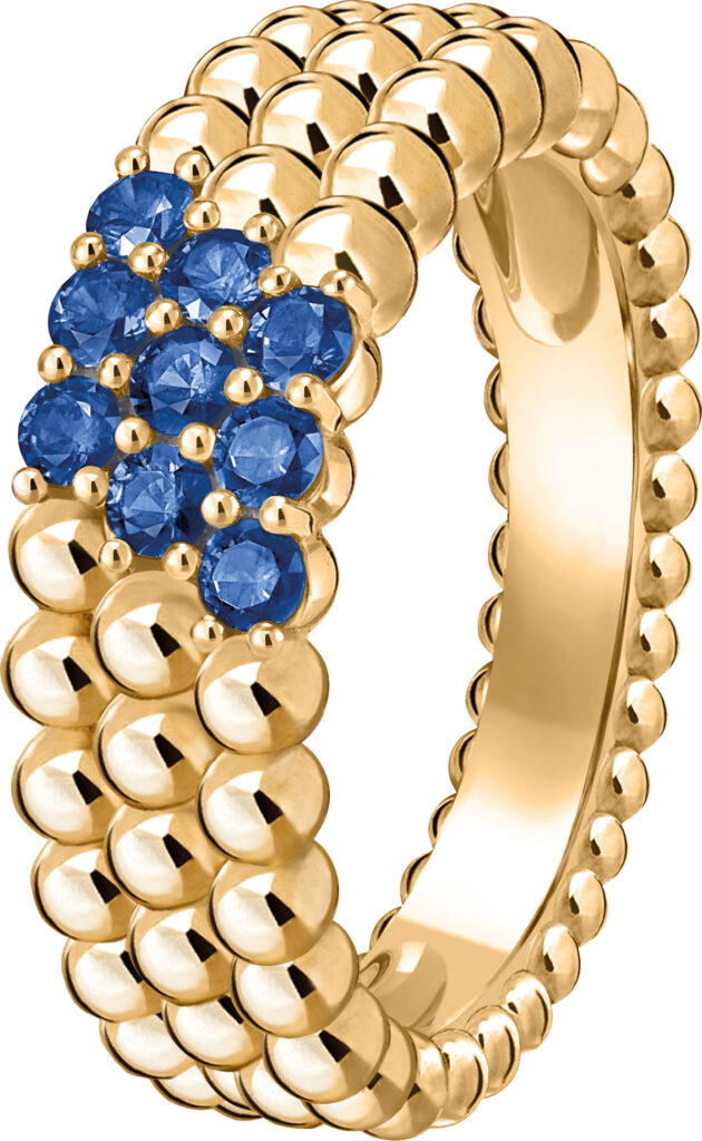 Perlée couleurs three-row ring in yellow gold with sapphires (Credit: Van Cleef & Arpels)