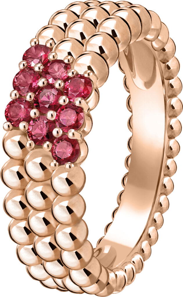 Perlée couleurs three-row ring in rose gold with rubies (Credit: Van Cleef & Arpels)
