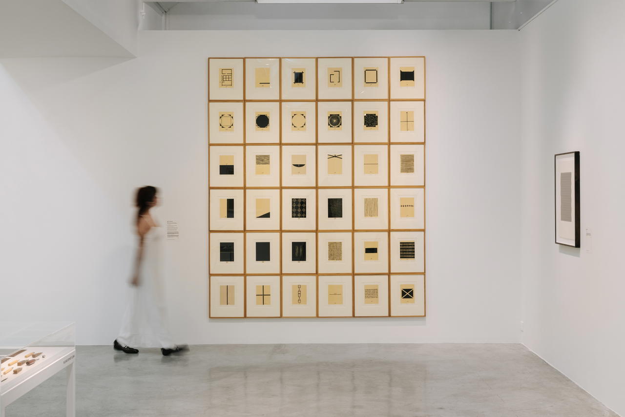 ‘Home Is A Foreign Place’, 1999, is a series of 36 minimalist woodblock prints by Zarina that translate Urdu words into abstract visual forms to express themes of home, memory, and displacement (Credit: STPI )