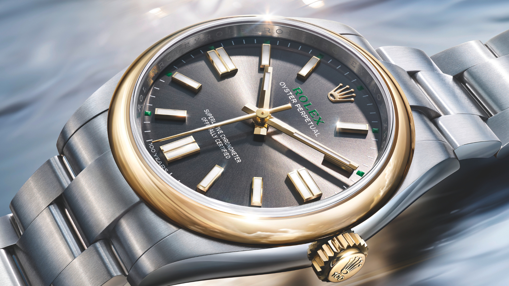 The commemorative Rolex Oyster Perpetual 41 in yellow Rolesor, featuring a yellow gold bezel and winding crown, an Oystersteel case and bracelet (Credit: Rolex)