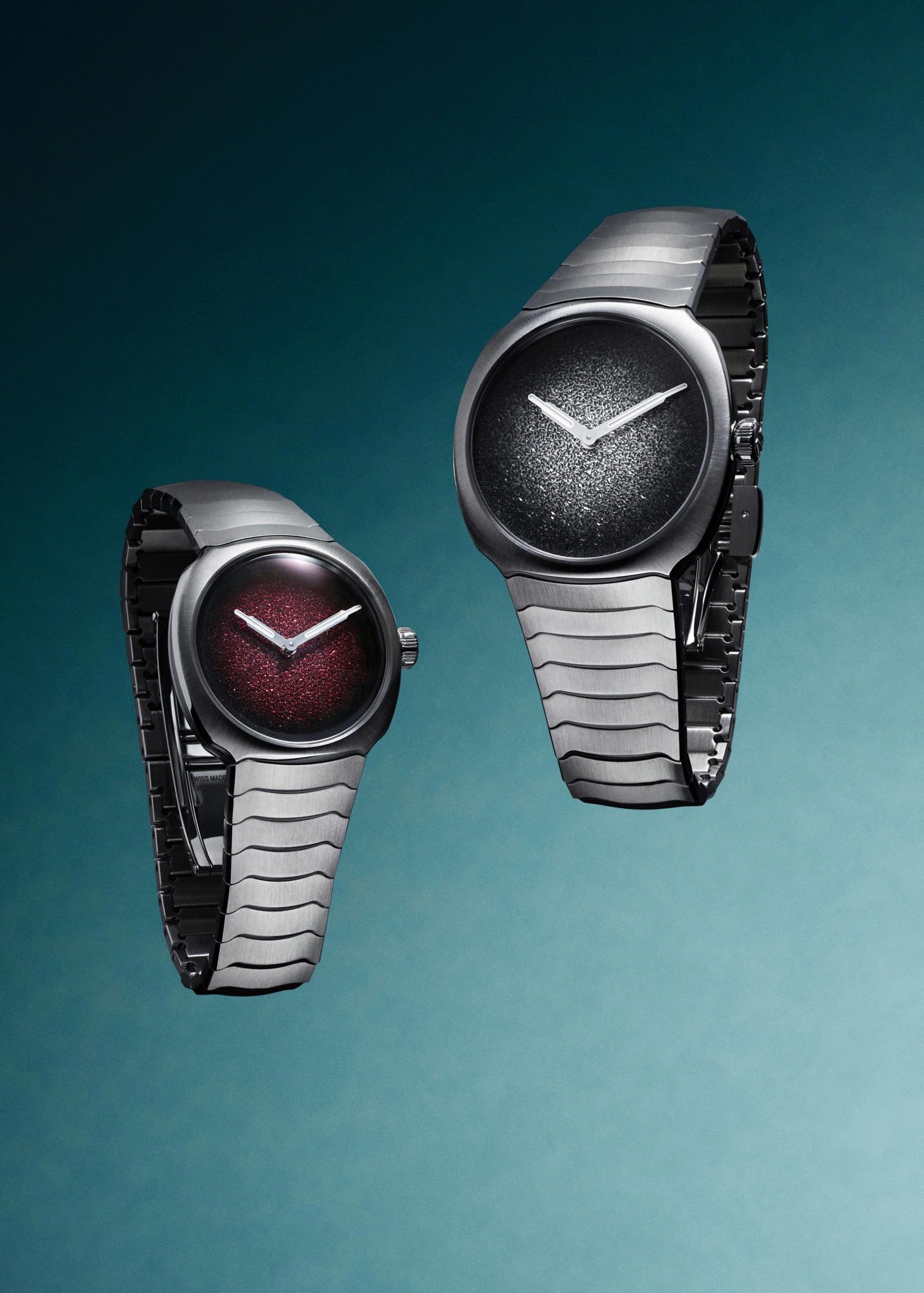 The watches offer frosted fume dials: burgundy for the smaller size and silver for the larger model (Credit: H. Moser & Cie)
