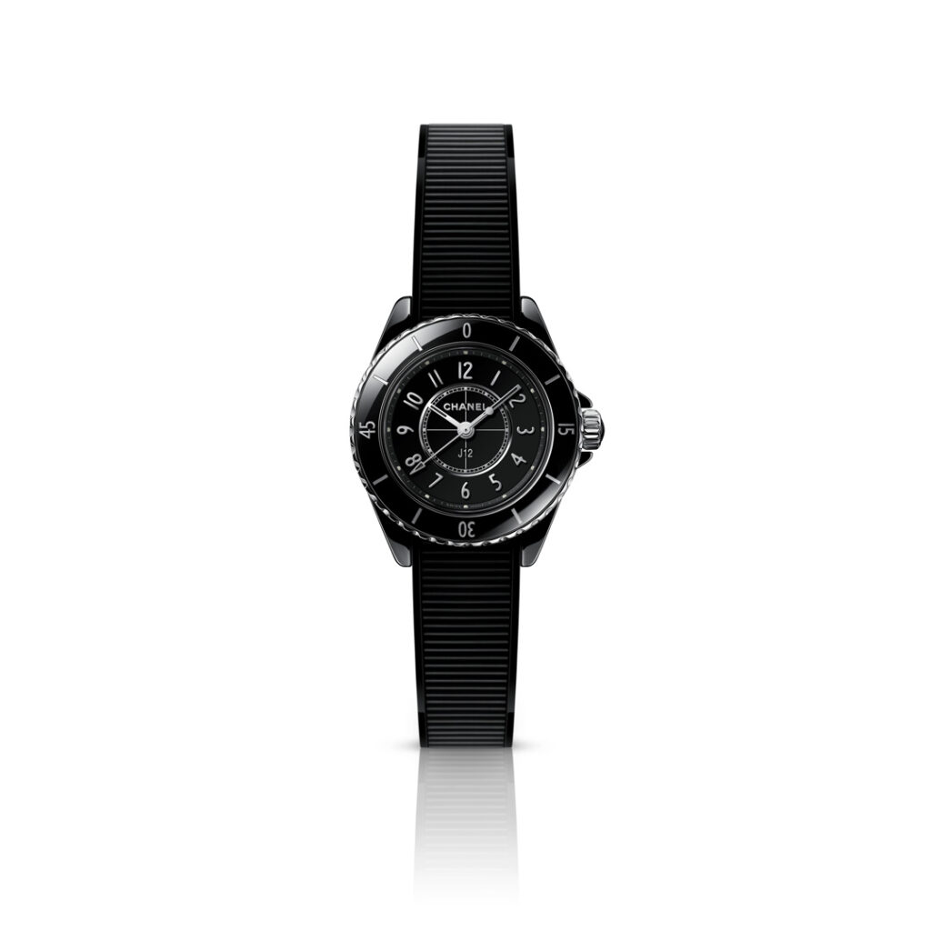 The collection debuts a 28-mm size in the J12 28mm with a textured trimmed rubber strap, and J12 28mm Diamonds (Credit: Chanel)