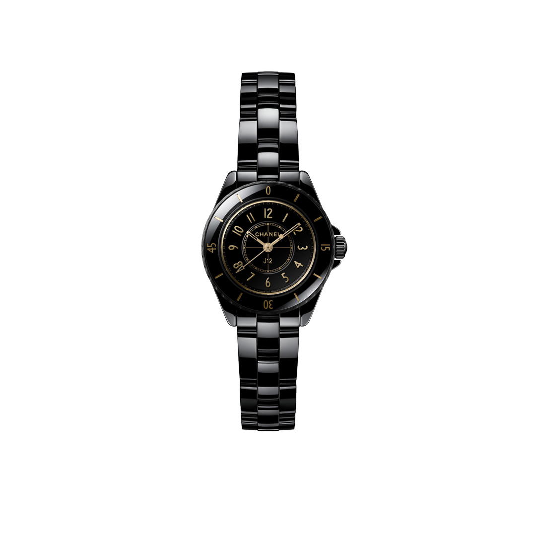 The J12 Golden Black combines black and gold with polished or matte ceramic and yellow gold-plated indexes (Credit: Chanel)