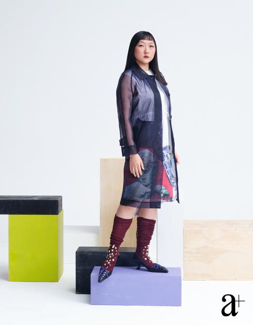 Cotton dress, nylon mesh coat, embroidered socks, and calfskin mules, all from Prada (Credit: Stefan Khoo)