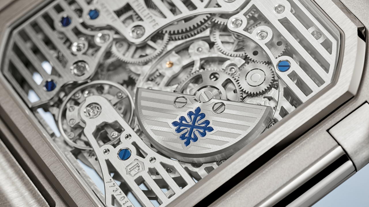On the Patek Philippe Cubitus Perpetual Calendar Skeleton ref 5840P, sapphire jewels replace rubies, bridges feature rounded interiors, and the dial is laser-cut openworked (Credit: Patek Philippe)