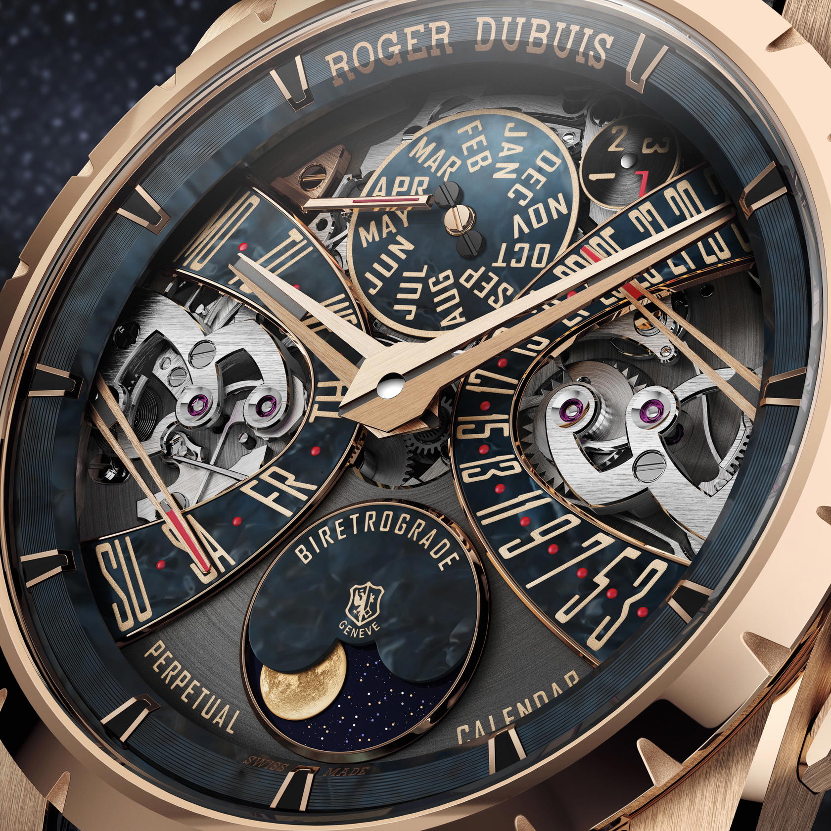 The day and date indications on elliptical biretrograde displays (Credit: Roger Dubuis)