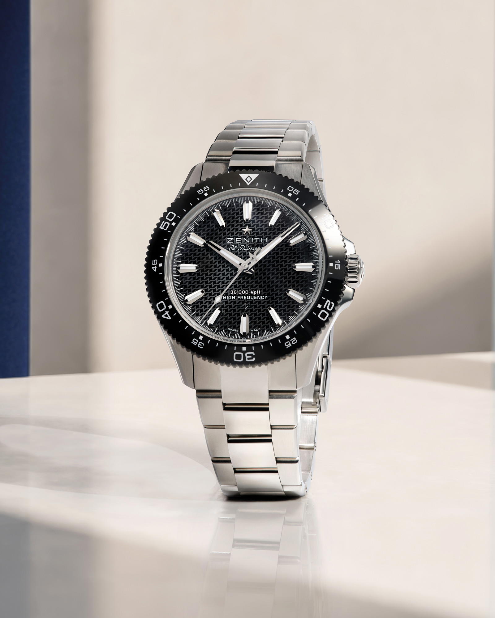 Chronomaster Solo Sport in stainless steel with a black ceramic bezel and dial, without the date window (Credit: Zenith)