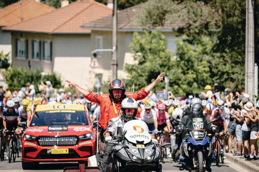 Marino in action as part of the Tour de France race direction team during Stage 13 from Chatillon-sur-Chalaronne to Grand Colombier, on 14 July 2023 (Credit: Amaury Sport Organisation)