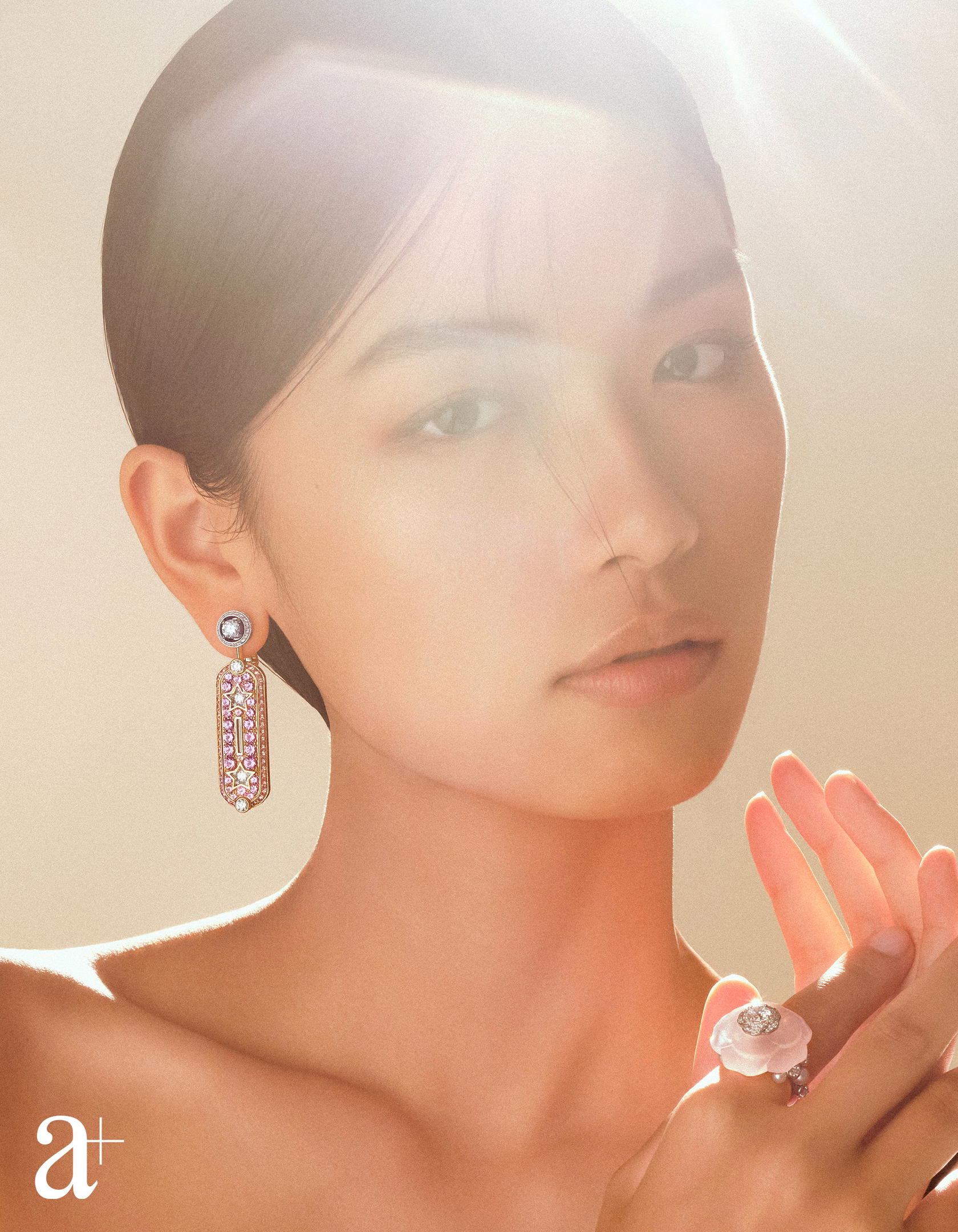 Talisman Signature earrings in rose gold, platinum and white gold with diamonds and pink spinels and Rose Tendre in white and pink gold with pink quartz, cultured pearls and diamonds, both from Chanel High Jewellery (Credit: Stefan Khoo)