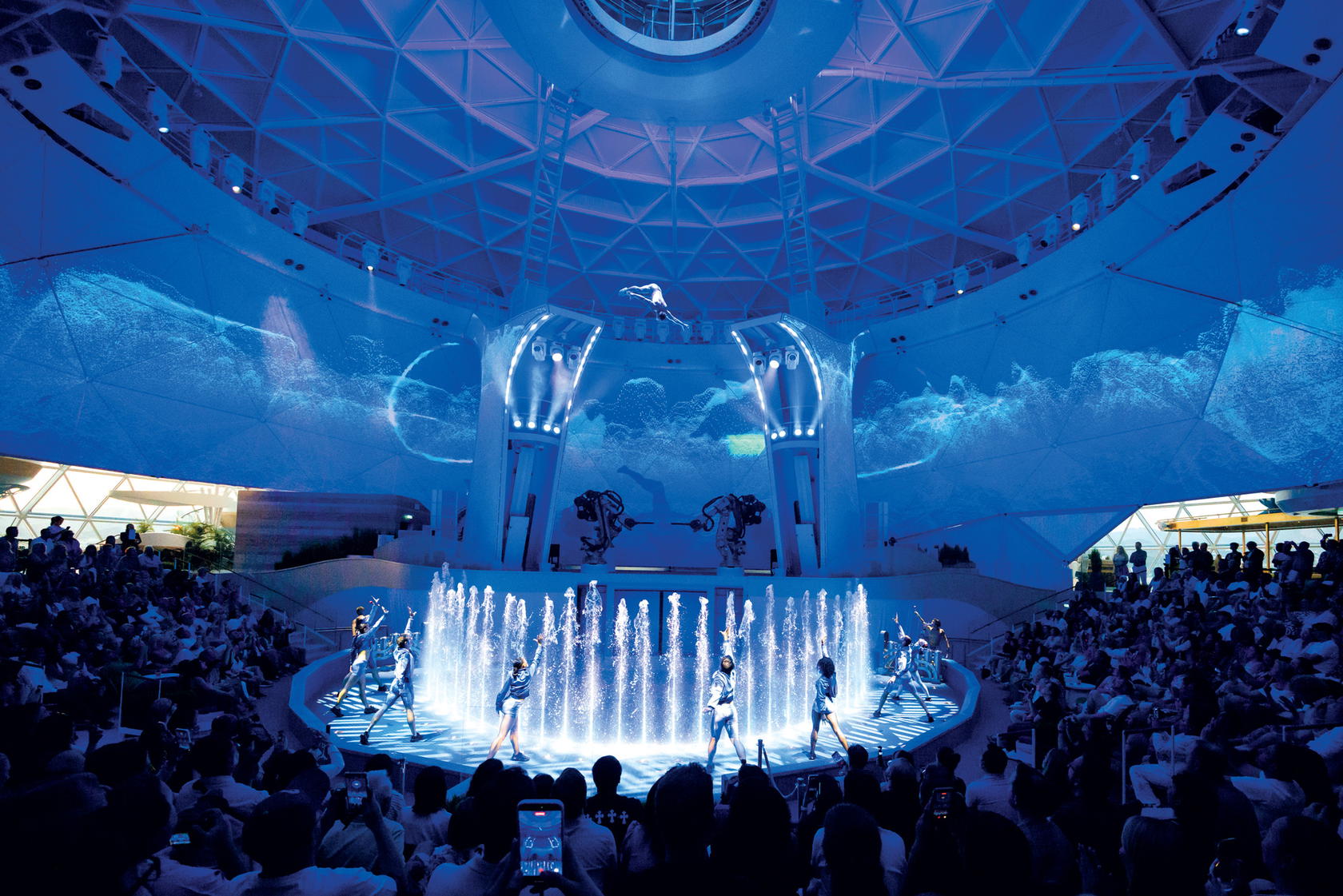 The original production of Shockwave at the AquaTheater combines powerful water effects, deck-defying stunts, street and classical dance, and robotics (Credit: Royal Caribbean)