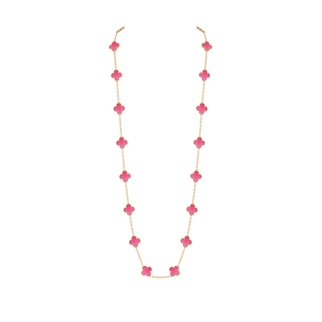 Vintage Alhambra 20 motifs long necklace in yellow gold with pink enamel (Credit: Van Cleef & Arpels)