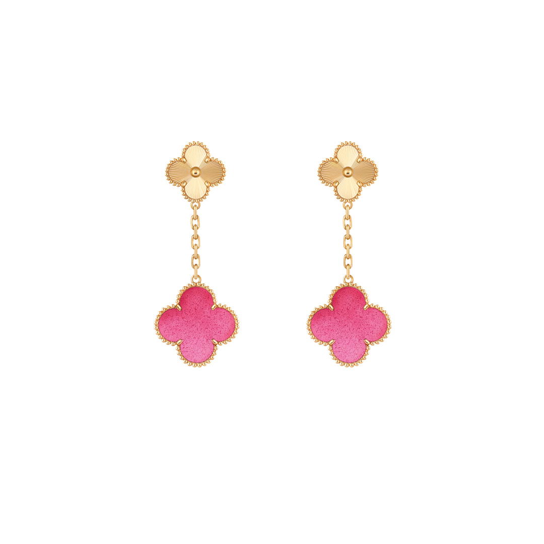 Magic Alhambra 2 motifs earrings in guilloche yellow gold with pink enamel (Credit: Van Cleef & Arpels)