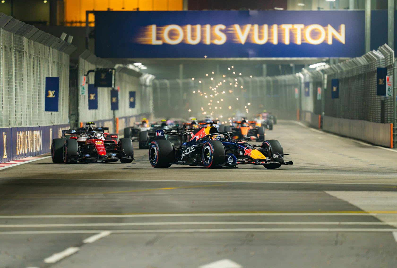 Max Verstappen #1 (NED) of Oracle Red Bull Racing, driving the Red Bull Racing RB22, leads two other Formula 1 cars at the start of the race on Sunday (Credit: Louis Vuitton)