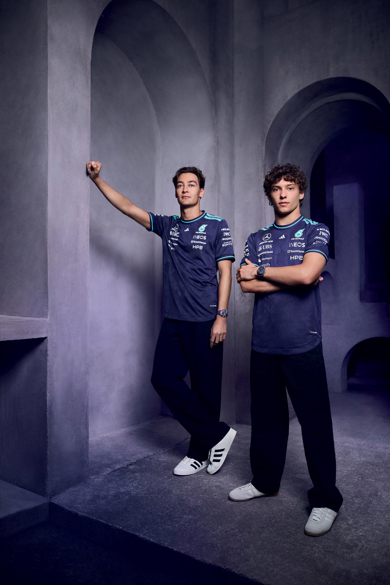 George Russell and Kimi Antonelli wear IWC Schaffhausen’s new Pilot’s Watch Chronograph 41 Mercedes-AMG Petronas Formula One Team, created for the F1 Singapore Grand Prix (Credit: IWC Schaffhausen )